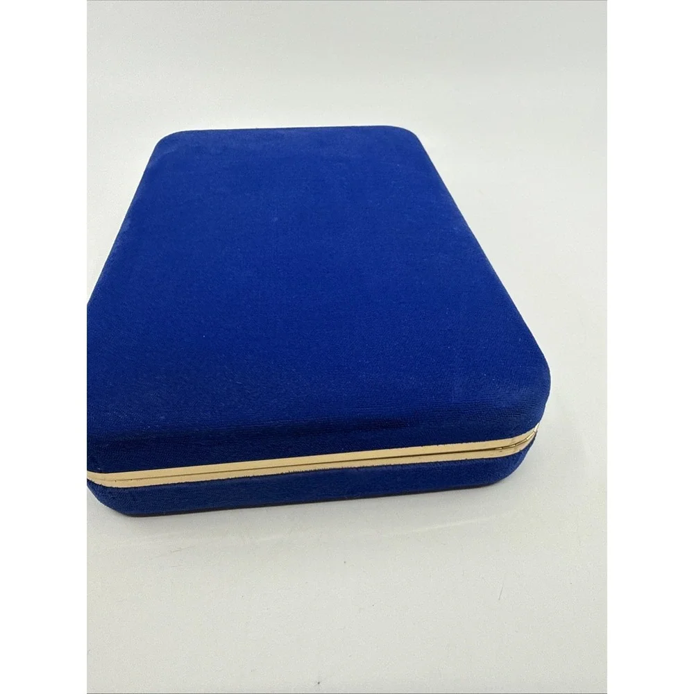 Vintage Clam Shell Blue Velvet Hinged Travel Jewelry Box Organizer 9x4
